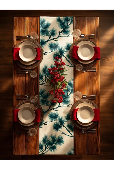 Medi Home Yılbaşı Indigo Breeze Fırça Desenli Çam Dalı Runner – Mavi & Bej - Resim 7