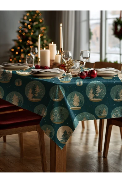 Medi Home Yılbaşı Kar Küresi Çam Ormanı Masa Örtüsü - Resim 3