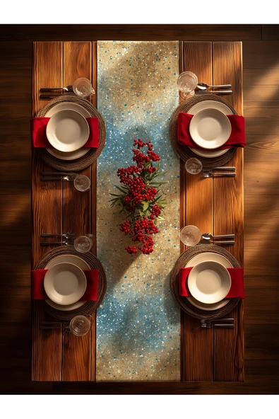 Medi Home Yılbaşı Aqua Galaxy Parıltılı Runner – Turkuaz & Beyaz Işıltı Desen - Resim 4