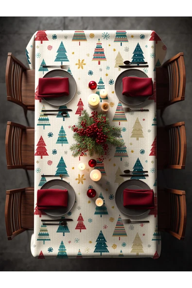 Medi Home Yılbaşı Modern Çam Ağaçları Deseni Masa Örtüsü - Resim 3