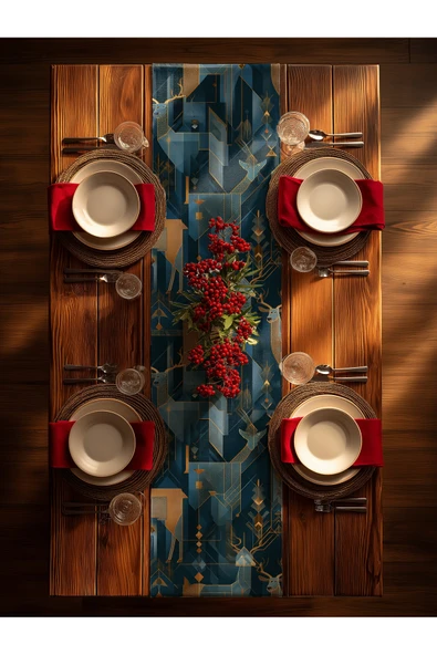 Medi Home Yılbaşı Midnight Majesty Geometrik Geyik Desenli Runner – Lacivert & Altın ürün görseli 1