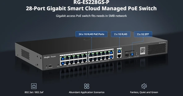 Ruijie Reyee RG-ES228GS-P 24 Port Poe 2 Port Uplink 2 Port SFP Full Gigabit Yönetilebilir 370W PoE Switch - Resim 4