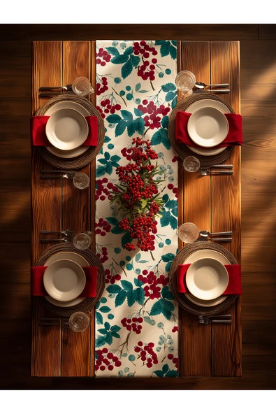 Medi Home Yılbaşı Frosty Berry Kırmızı Meyve ve Mavi Yaprak Desenli Runner – Krem Zemin - Resim 10