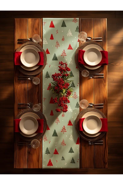 Medi Home Yılbaşı Evergreen Geometry Ağaç Desenli Runner – Açık Yeşil ürün görseli 1