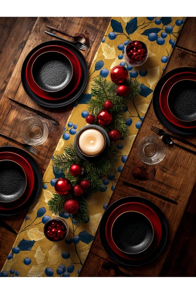 Medi Home Yılbaşı Kırmızı Berry ve Yeşil Yaprak Desenli Runner – Açık Mint Yeşili - Resim 8