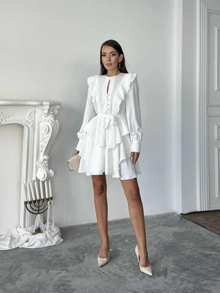 Ekru Fırfır ve Düğme Detaylı Uzun Kollu Katmanlı Mini Elbise ürün görseli 1
