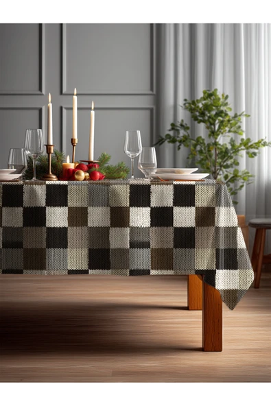 Medi Home Yılbaşı Bej Siyah Örgü Kare Deseni Masa Örtüsü ürün görseli 1