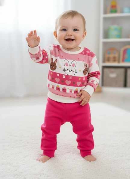 Çocuk Unisex Tavşan Baskılı Pamuk Uzun Kollu Mevsimlik Alt Üst Takım - Resim 3