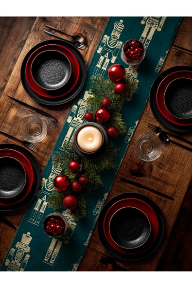 Medi Home Yılbaşı Zümrüt Fındıkkıran Deseni Runner – Koyu Yeşil & Bej - Resim 2