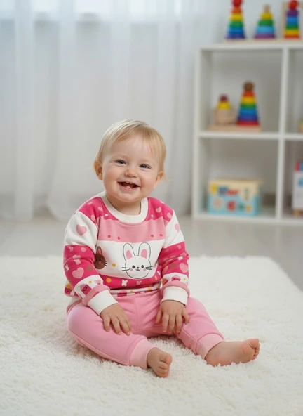 Çocuk Unisex Tavşan Baskılı Pamuk Uzun Kollu Mevsimlik Alt Üst Takım - Resim 5