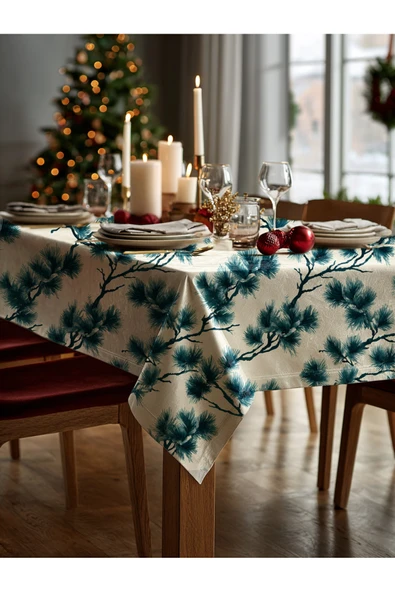 Medi Home Yılbaşı Turkuaz Çam Deseni Masa Örtüsü - Resim 3