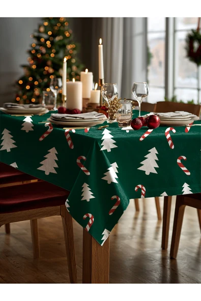 Medi Home Yılbaşı Şeker Baston ve Çam Ağacı Deseni Masa Örtüsü - Resim 2
