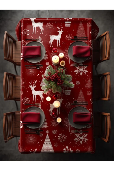 Medi Home Yılbaşı Geyik & Kar Taneleri Deseni Masa Örtüsü - Resim 2