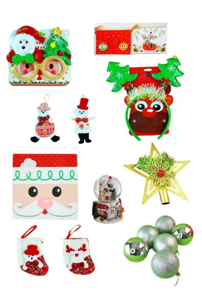 Bam Çam Ağacı Süsleri, Yılbaşı Tacı, Gözlük, Peçete, Hediye Kartı, Kar Küresi Yeni Yıl Seti - Resim 2