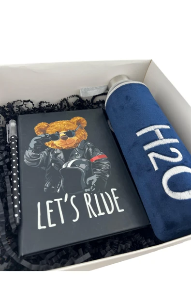 Dörtel Tedarik H2O Kadife Kılıflı Matara Lacivert 600 ML, Tükenmez Kalem, Let's Ride Temalı Defter Hediye Kutusu - Resim 2