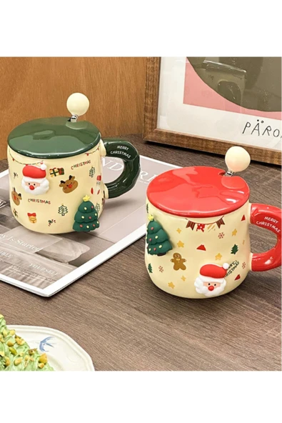 Bam Mıknatıslı Figürlü Yılbaşı Temalı Kaşıklı Kapaklı Seramik Kupa - Resim 6