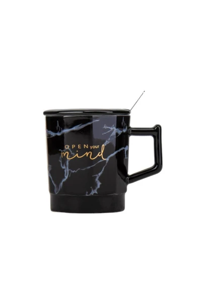 Dörtel Tedarik Tohana Kahve Demleme Karafı 600 ML Mermer Desenli Kapaklı Kaşıklı Siyah Kupa Seti Hediye Seti - Resim 5