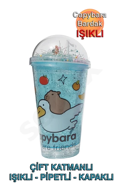 H2O Capybara Çift Cidarlı, Işıklı, Pipetli, Kapaklı Bardak ürün görseli 1