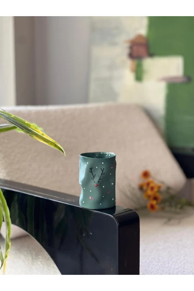 Dörtel Tedarik Handmade Geyik Desenli Porselen Kupa Yeşil - Resim 2