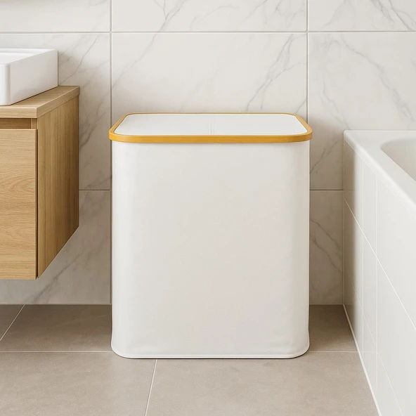 Vichy Doğal Bambu Çerçeveli Katlanabilir Kirli Sepeti – Kapaklı Krem Kumaş Çamaşır Sepeti Bej BR-6707 ürün görseli 1