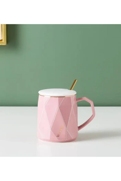 Dörtel Tedarik Geometrik Desenli Gold Kaşıklı Kapaklı Modern Seramik Kupa ürün görseli 1