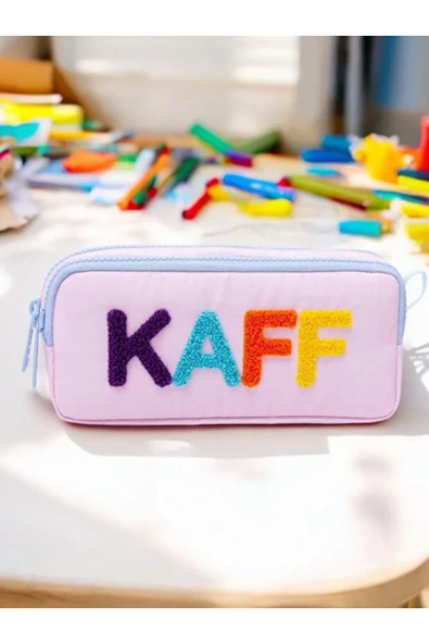 Dörtel Tedarik Pembe Renk Mavi Fermuarlı Su Geçirmez Bondit Kumaş Peluş Baskılı Çift Gözlü Kalemlik 01108 - Resim 6