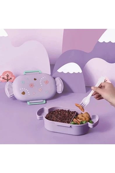 Dörtel Tedarik Sevimli Şeker Şekilli Çocuk Beslenme Kutusu Kaşıklı 2 Bölmeli Yemek Saklama Kabı ürün görseli 1