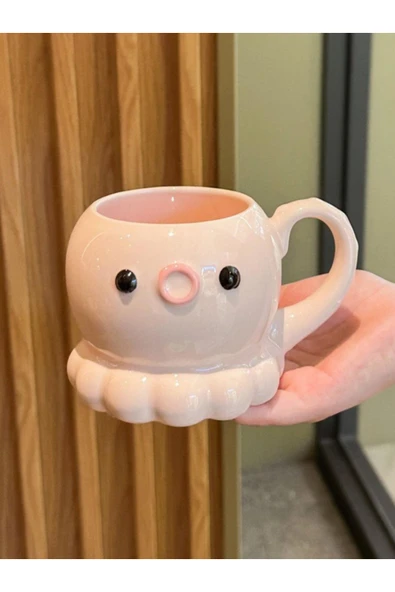 Bam Ahtapot Temalı Kaşıklı Kapaklı Seramik Kupa - Resim 5