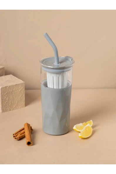 Tohana H2o 5'i 1 Yerde Çelik Pipetli Cam Detox Kupa Temizleyici Hediyeli 650 ML Gri ürün görseli 1