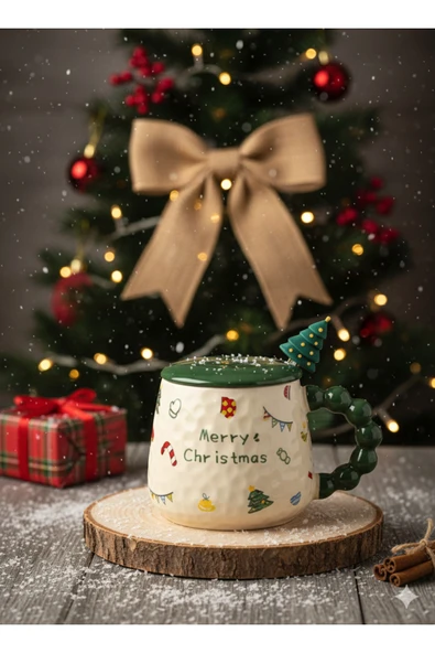 Bam Yılbaşı Temalı Kaşıklı Kapaklı Seramik Kupa Merry Christmas ürün görseli 1