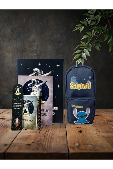 Dörtel Tedarik Stitch Lacivert Kalem Kutu, Astronot Temalı Defter, Not Defteri, Bloknot, Kitap Ayracı ürün görseli 1