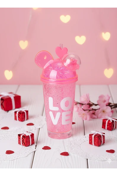 Tohana Tritan Çift Çidarlı Pipetli Kalpli Işıklı Bardak 450 ML ürün görseli 1