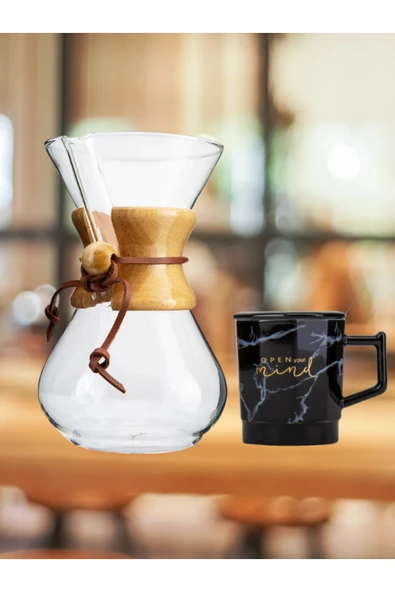 Dörtel Tedarik Tohana Kahve Demleme Karafı 600 ML Mermer Desenli Kapaklı Kaşıklı Siyah Kupa Seti Hediye Seti - Resim 3