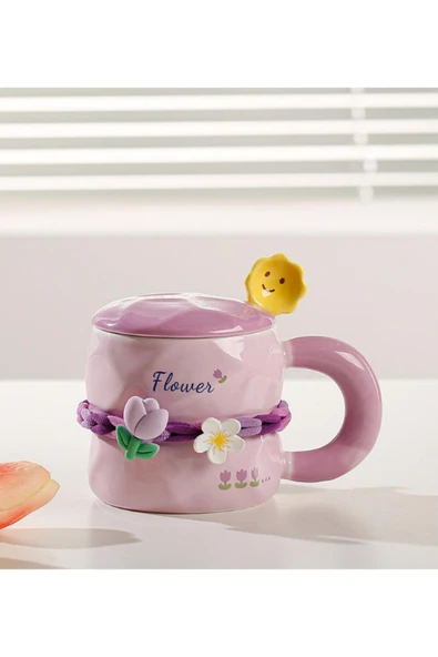 Dörtel Tedarik Tatlı Çiçekli Kahve Fincanı 380 ml Kapaklı ve Kaşıklı Seramik Kupa ürün görseli 1