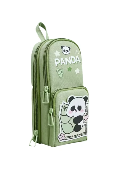 Dörtel Tedarik Panda Baskılı Kalem Çantası Yeşil Kalem Kutu - Resim 3