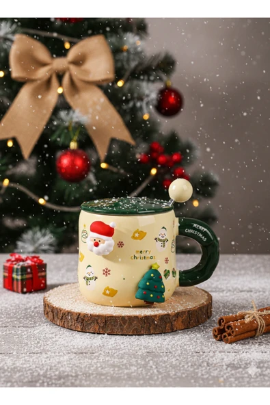 Bam Mıknatıslı Figürlü Yılbaşı Temalı Kaşıklı Kapaklı Seramik Kupa ürün görseli 1