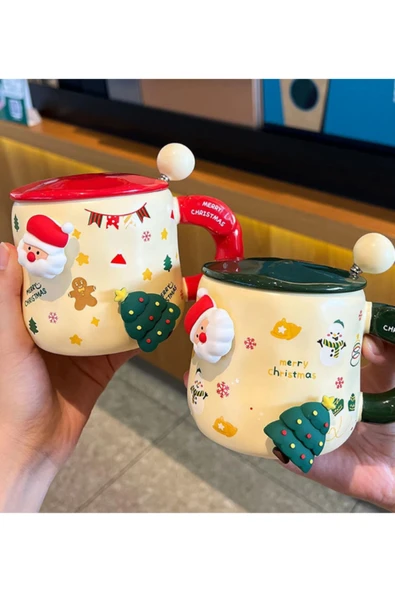 Bam Mıknatıslı Figürlü Yılbaşı Temalı Kaşıklı Kapaklı Seramik Kupa - Resim 3