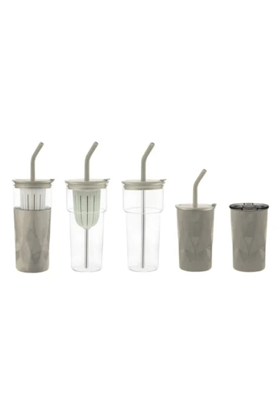 Tohana H2o 5'i 1 Yerde Çelik Pipetli Cam Detox Kupa Temizleyici Hediyeli 650 ML Gri - Resim 7