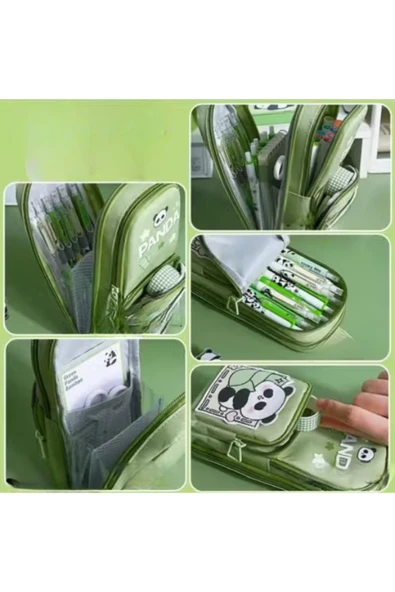 Dörtel Tedarik Panda Baskılı Kalem Çantası Yeşil Kalem Kutu - Resim 4