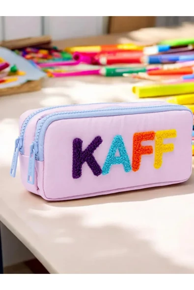 Dörtel Tedarik Pembe Renk Mavi Fermuarlı Su Geçirmez Bondit Kumaş Peluş Baskılı Çift Gözlü Kalemlik 01108 - Resim 7