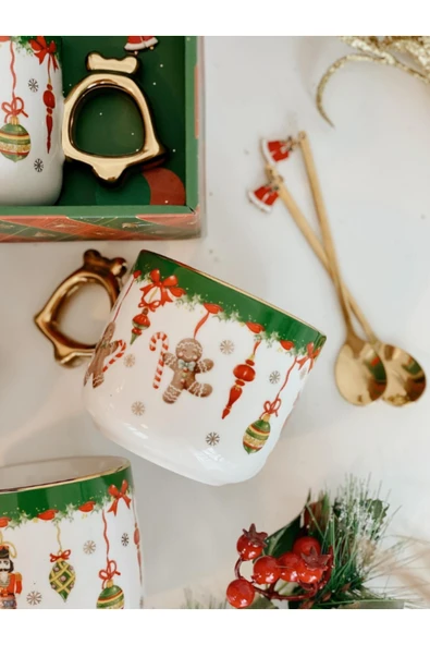 Tohana Yılbaşı Kutulu Altın Kaşıklı Porselen Kupa Kardan Adam 350 ml Yeni Yıl Hediyesi - Resim 5