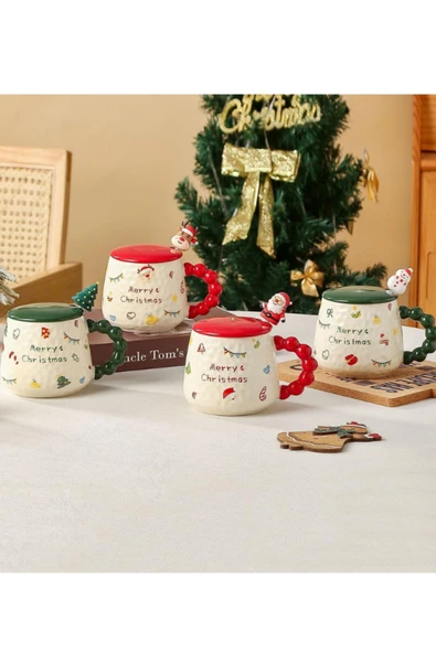 Bam Yılbaşı Temalı Kaşıklı Kapaklı Seramik Kupa Merry Christmas - Resim 2