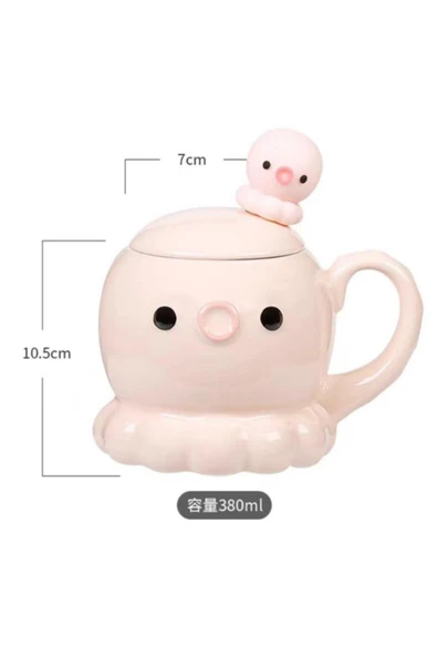 Bam Ahtapot Temalı Kaşıklı Kapaklı Seramik Kupa - Resim 5