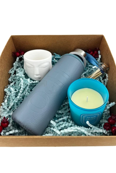 Dörtel Tedarik H2O Deri Kılıflı Mavi Matara 500 ML, Sukulent Saksısı, Vanilya Kokulu Mum, Kibrit Hediye Kutusu - Resim 2