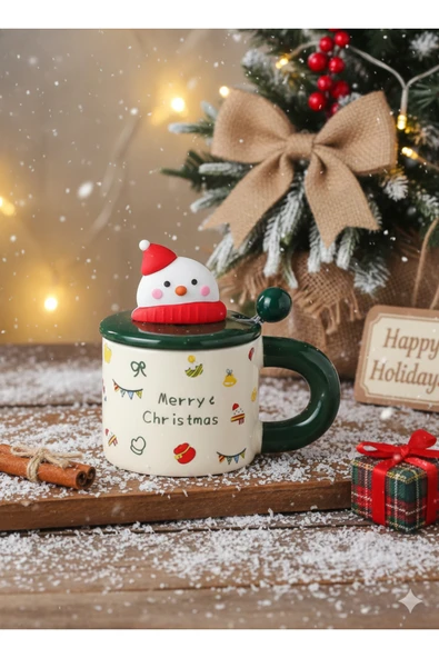 Bam Yılbaşı Figürlü Kapaklı Kaşıklı Seramik Kupa ürün görseli 1