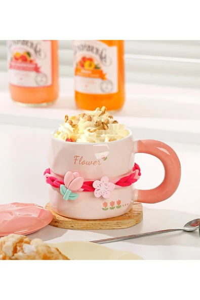 Dörtel Tedarik Tatlı Çiçekli Kahve Fincanı 380 ml Kapaklı ve Kaşıklı Seramik Kupa ürün görseli 1