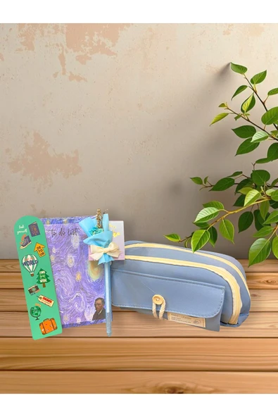 Dörtel Tedarik Düğmeli Mavi Kalem Kutu,Yıldızlı Gece To Do List,Travel Temalı Kitap Ayracı,Kuru Çiçekli Kalem ürün görseli 1