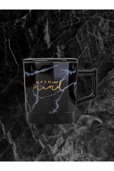 Dörtel Tedarik Mermer Desenli Kapaklı Kaşıklı Seramik Kupa Siyah - Resim 3