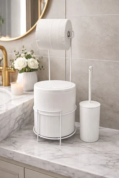 Modern Banyo Seti – Kapaklı Çöp Kovası, Tuvalet Kağıtlığı ve WC Fırçası | Minimal Tasarım - Resim 2