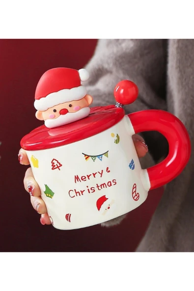 Bam Yılbaşı Figürlü Kapaklı Kaşıklı Seramik Kupa - Resim 5